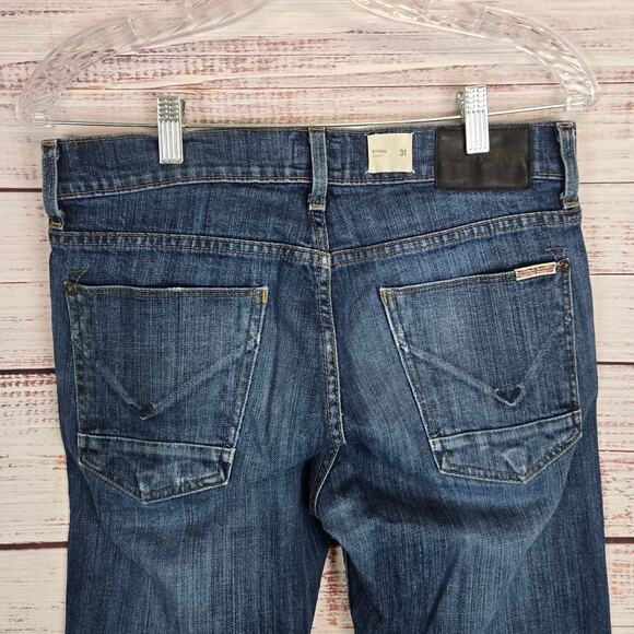 Hudson Mens Byron Straight Jeans 31 Blue Denim Distress Fade Button Fly Pants - Picture 5 of 15